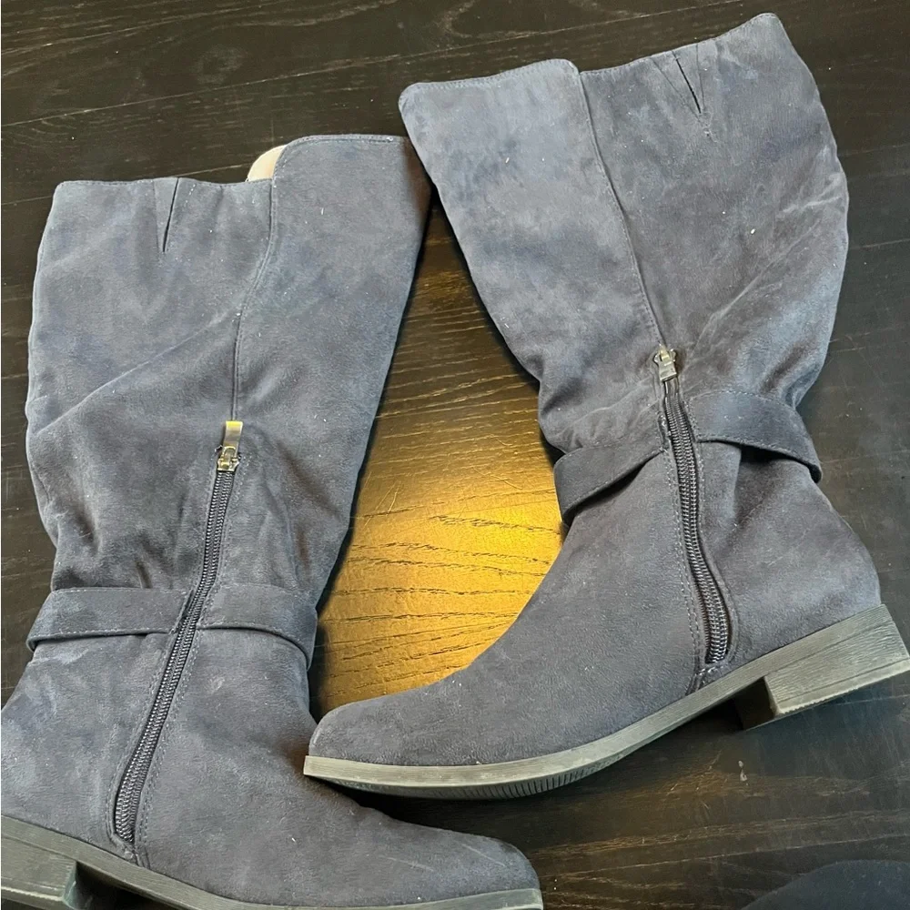 Gray Faux Suede Knee High Boots Wide Calf Moto Style Size 7